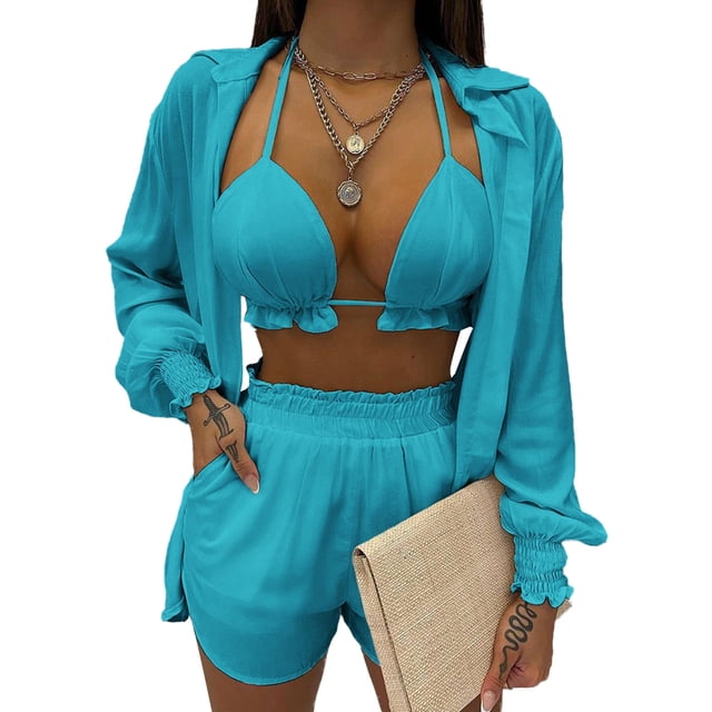 Txlixc Blusa de cuello de solapa de manga larga + pantalones cortos + chaleco de cuello colgante Txlixc moda