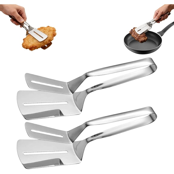 Stainless Steel Grill Clamp, Anti-Scald Extended Handle Spatula Tong, New Multi-Functional Stainless Steel Barbecue Clamp Food for Grilling Meat, Fish and Pancakes with Non-Slip Grip (2 PCS)