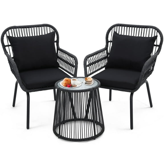 LOGYAT 3 Piece Rattan Bistro, Outdoor Parlor Set, Rattan Furniture Set with Glass Tabletop for Balcony, Backyard, Porch, Black
