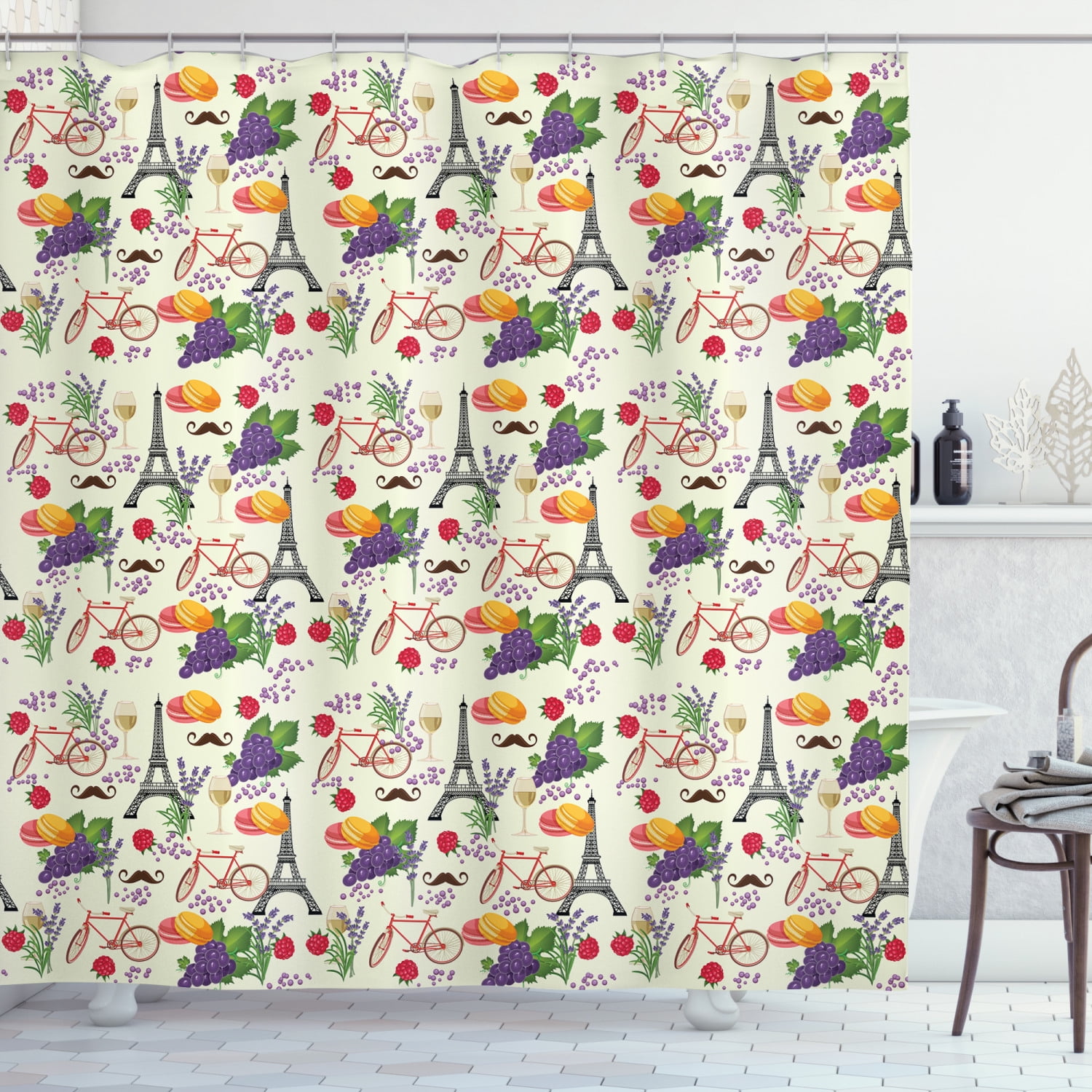 European Shower Curtain, French Themed Paris Must Have Macarons Wines