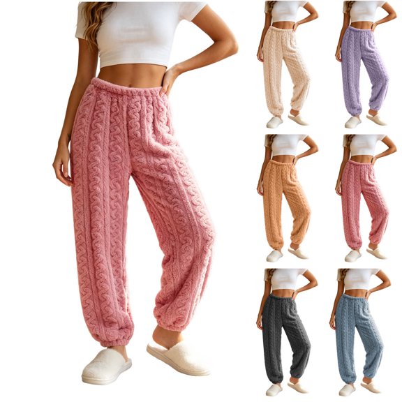 Diufon Fleece Sleep Pants for Women Elastic Waist Fall Winter Thickened Warm Pajama Pants Plush Cozy Homewear Bottoms