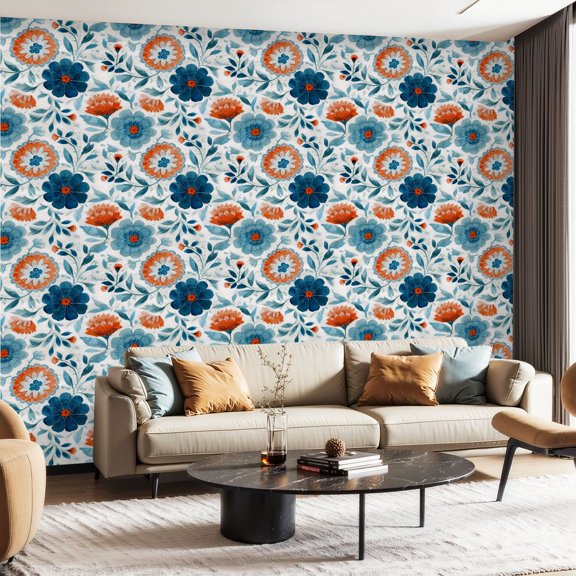 Peel and Stick Wallpaper Contact Paper Geometric Floral Damask Blue White Red Modern Blue Flowers Orange Self Adhesive and Removable 23.6in x 118in