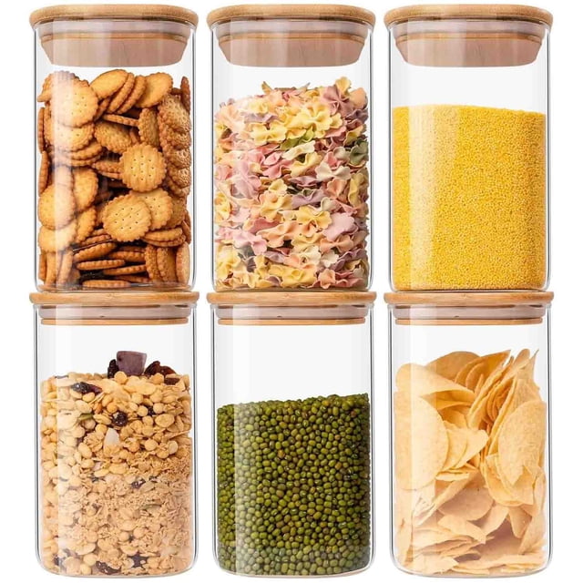 Juego de 6 Recipientes Herméticos de Cristal con Tapa: Frascos de Vidrio - Tarros de Vidrio con Tapa de Bambú, Hermético para Servir té, Café