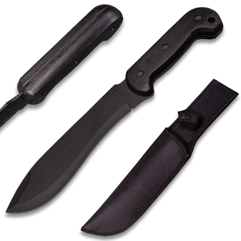Full Tang Black Bowie Hunter Knife, Machete, 16 Inch Overall Length, Black Blade, Black Wood Handle