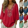 thumbnail image 2 of Embroidered Tops for Women 3/4 Sleeve Boho Cotton Linen Shirts Plus Size Peasant Gauze Blouses Casual Bohemian Shirts (L,Red), 2 of 9
