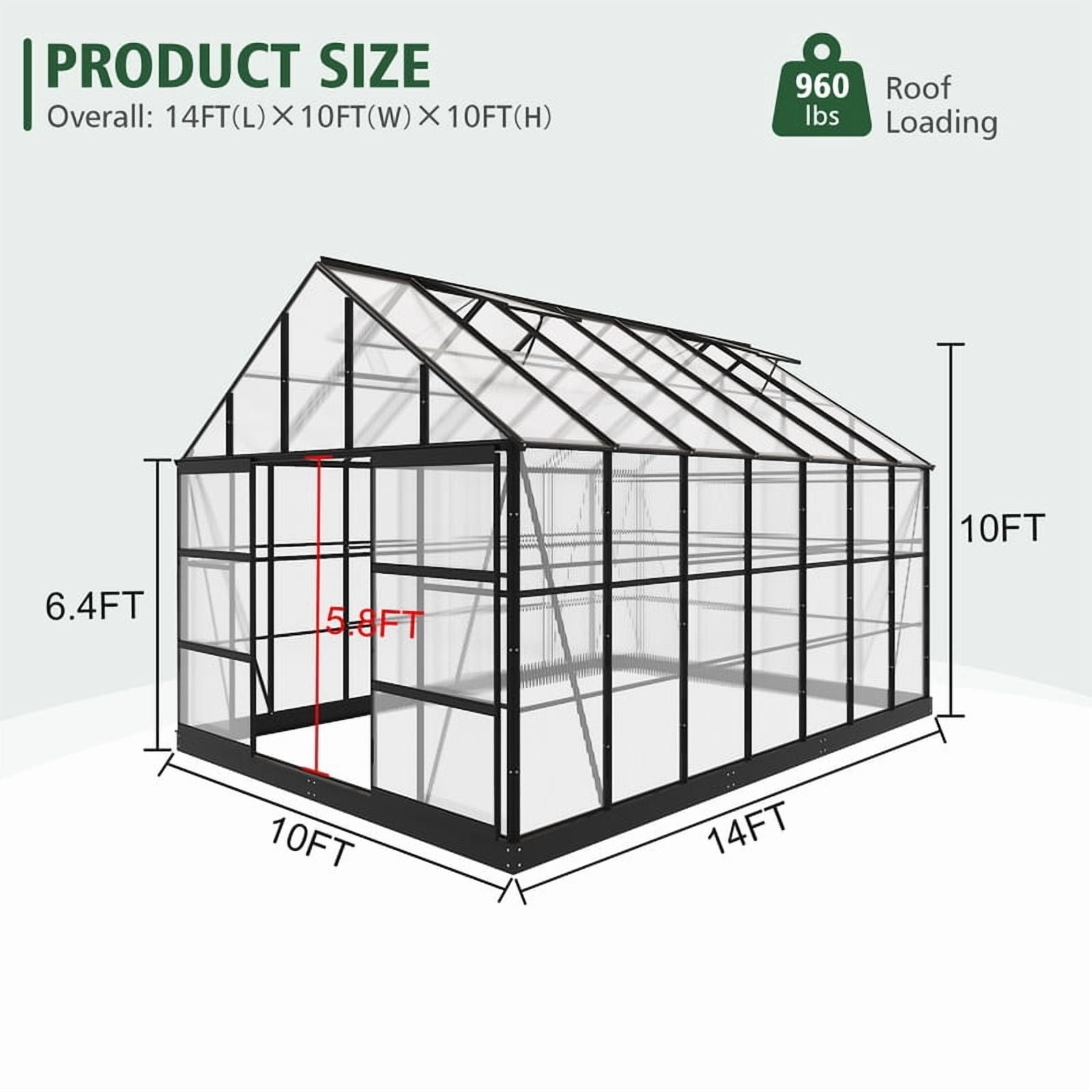 GAZEBETER 10x14 FT Aluminum Greenhouse for Outdoors,Walk in Greenhouse,Polycarbonate Greenhouse with 4 Roof Vent Windows and Lockable Double Doors for Backyard,Black