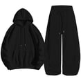 thumbnail image 5 of Women Two Piece Set Long Sleeve Loose Hooded Sweatshirt Solid Color Drawstring Elastic Waist Wide Leg Curved Pants Tracksuit Casual Daily Sports Outfit, 5 of 7