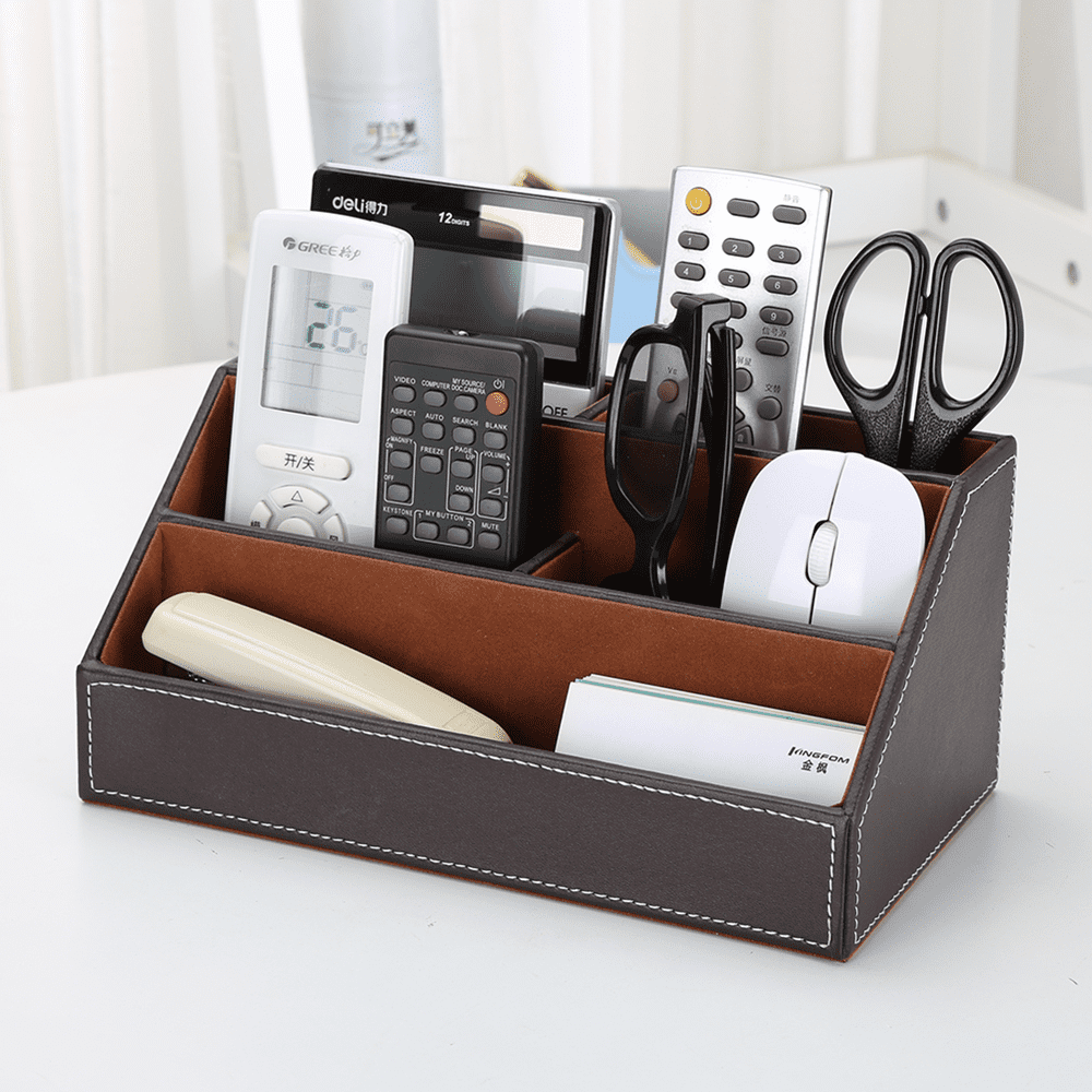 KINGFOM Desktop Organizer, Multi-Function Desk Organizer Office Supplies Storage Box Pen Holder Pen Organizer Business Card Holder Remote Holder Brown