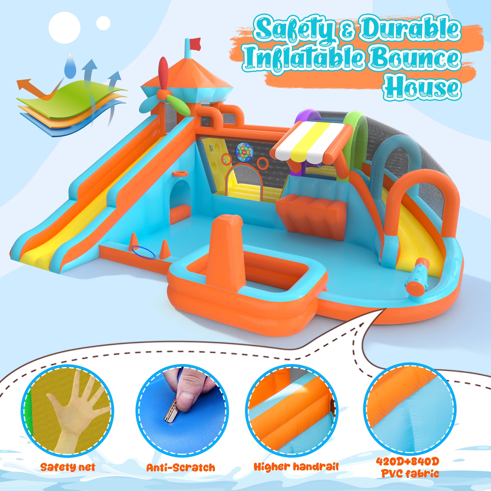 Letsgokid 17.5×13 FT 12 in 1 Water Bounce House for Kids with Double Slide, 750W Blower, Toy Stand, Jumping, Climbing Wall, Water Gun, Splash Pool, Tunnel, Basketball, Indoor, Outdoor, Orange
