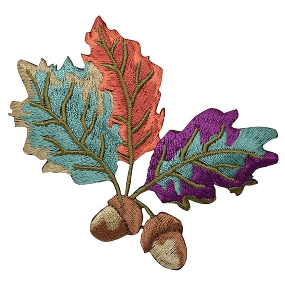 Large Acorns - Green/Purple/Orange Leaves - Iron on Applique/Embroidered Patch