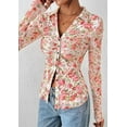 thumbnail image 4 of PRETTYGARDEN Women Button Down Floral Shirts Fall Trendy Long Sleeve V Neck Ruched Fitted Mesh Blouse Tops Date Outfits, 4 of 10