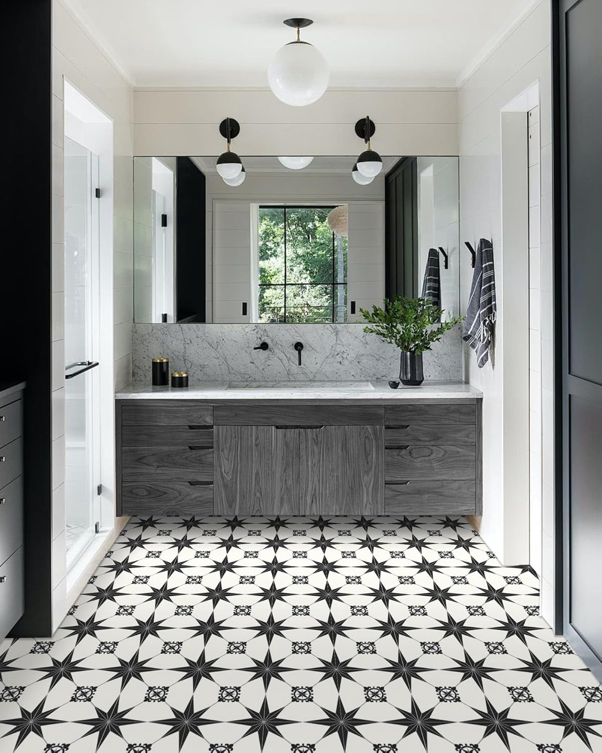 MORCART 7.87" x 7.87" Peel and Stick Floor Tile, 20 PCS Self-Adhesive DIY Vinyl Flooring for Renters, Removable and Waterproof Tile Sticker for Bathroom, Kitchen, Staircase (Black Stellar)