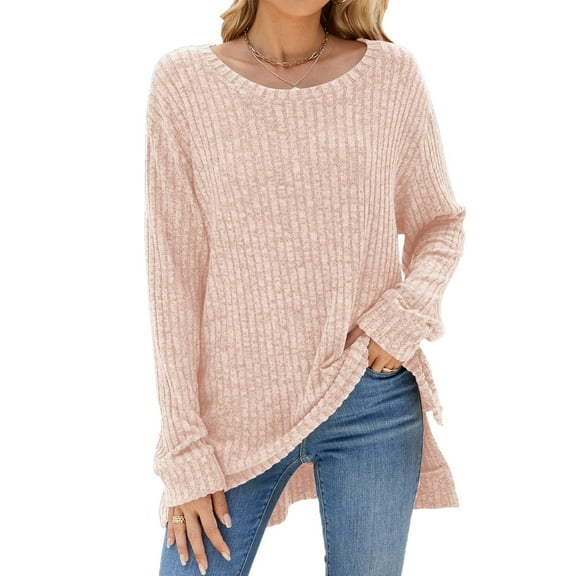 Free Shipping Womens Y2K Split Side Knit Sweater Crewneck Long Sleeve Pullover Solid Knit Side Slit Blouse Tunics