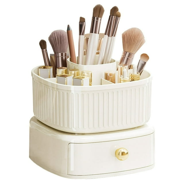 Square Makeup Organizer with Drawer 5 Slots Cosmetic Display Case (White)