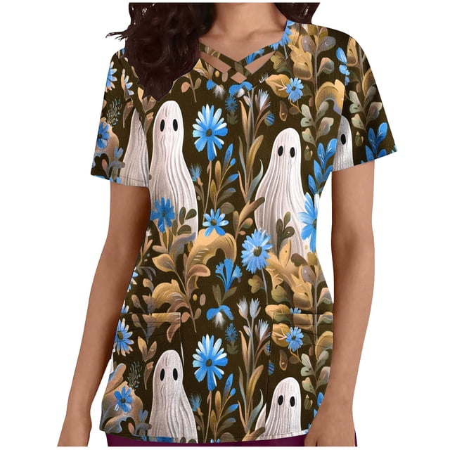 Shorts pour Femmes, Hauts Décontractés pour Femmes, Mode Décontractée pour Femmes Halloween Imprimé Manches Courtes Col en V Poche Haut d'Allaitement