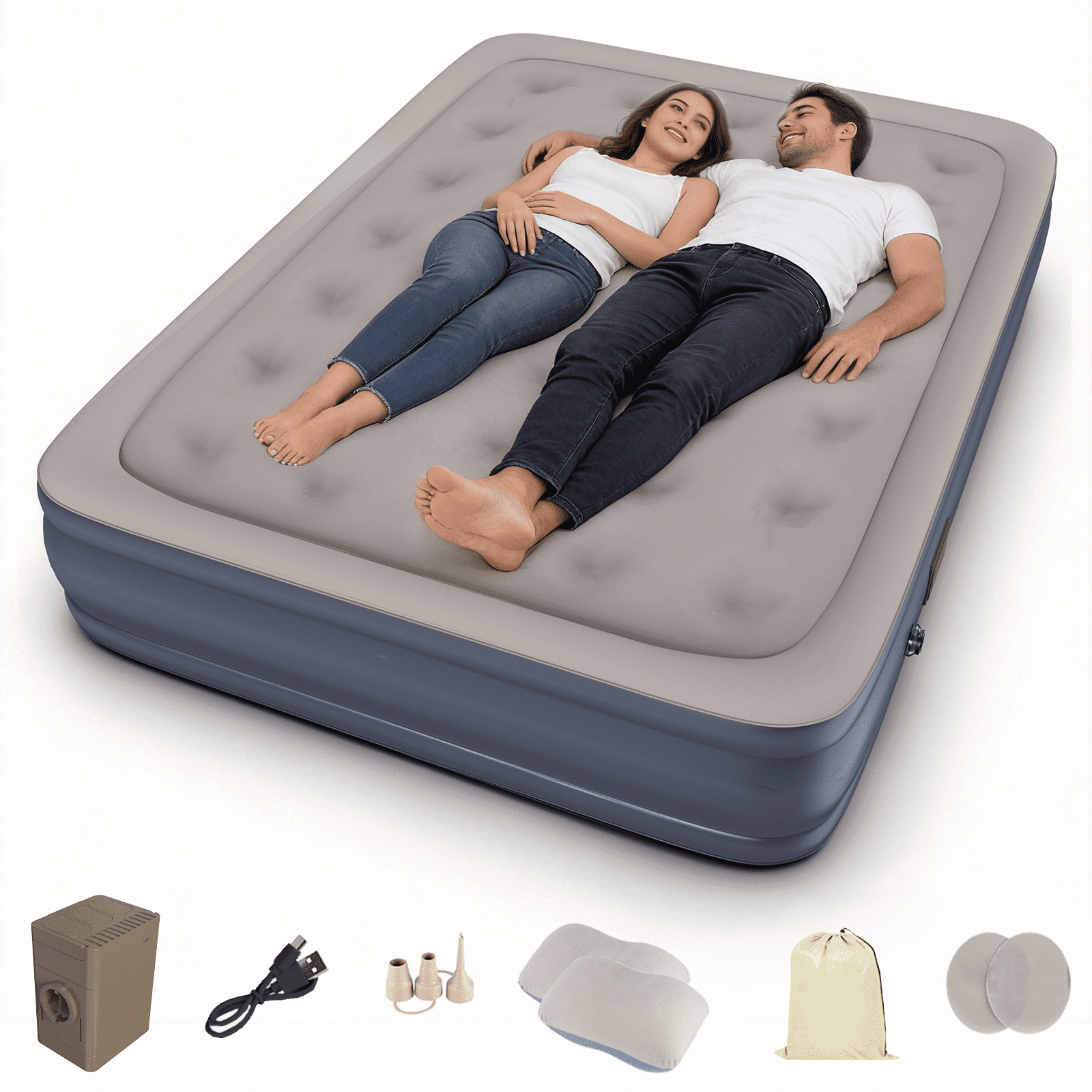 Air Mattress with Pillow, Queen Inflatable Mattress with Built-in Pump, Elevated Inflatable Bed with Pillow, for Camping, Guests and Home, 660lbs Max, Gray