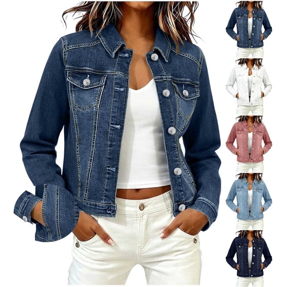 Women's Solid Color Long Sleeve Denim Button Front Jacket Multi-Pockets Casual Trucker Coat Soft Lightweight Work Office Outfits | CSEONE,Black L