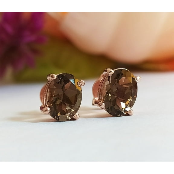 Natural Smoky Quartz Oval Cut Stud Earrings - 925 Sterling Silver Solitaire Earrings - Birthstone Earrings - Earrings for Women