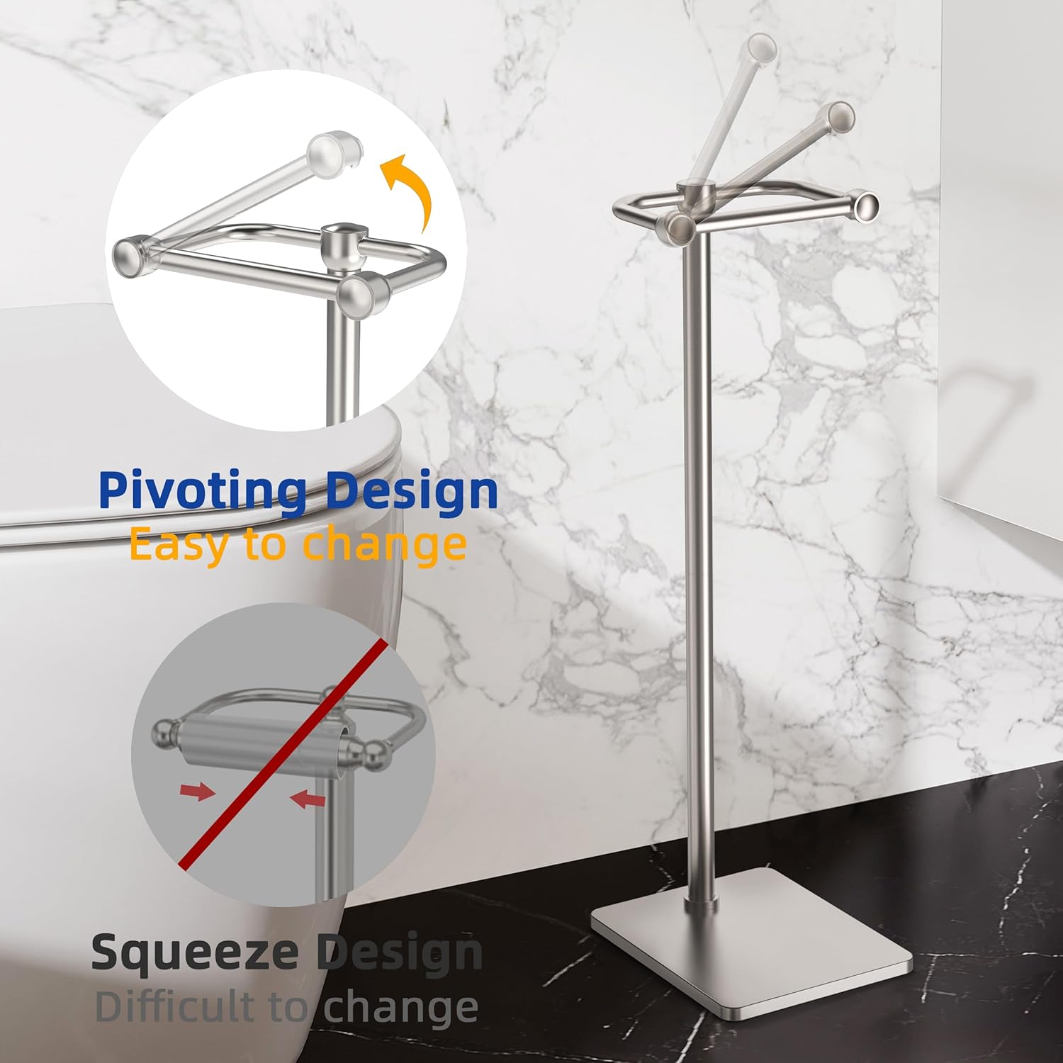 Toilet Paper Holder Stand, Bathroom Toilet Paper Roll Holder Free Standing, Toilet Tissue Holder Stand with Post Pivoting Design, Stable Weighted Base, SUS304 Stainless Steel (Brushed Nickel)
