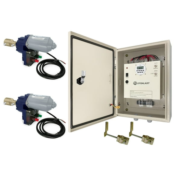 UYGALAXY Top Roll Up Motor System, 2 Pack Electric Greenhouse Film Roll Up Motors   Transformer Timer Controller Joint Box(AC110V to DC 24V) for Roof Greenhouses Ventilation, Automatic Venting Kit