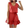 thumbnail image 2 of ClodeEU Women's Sleeveless V Neck Solid Color Dress ,Casual Summer Tiered Mini Dress With Belt Red,Womens Plus XXL, 2 of 6