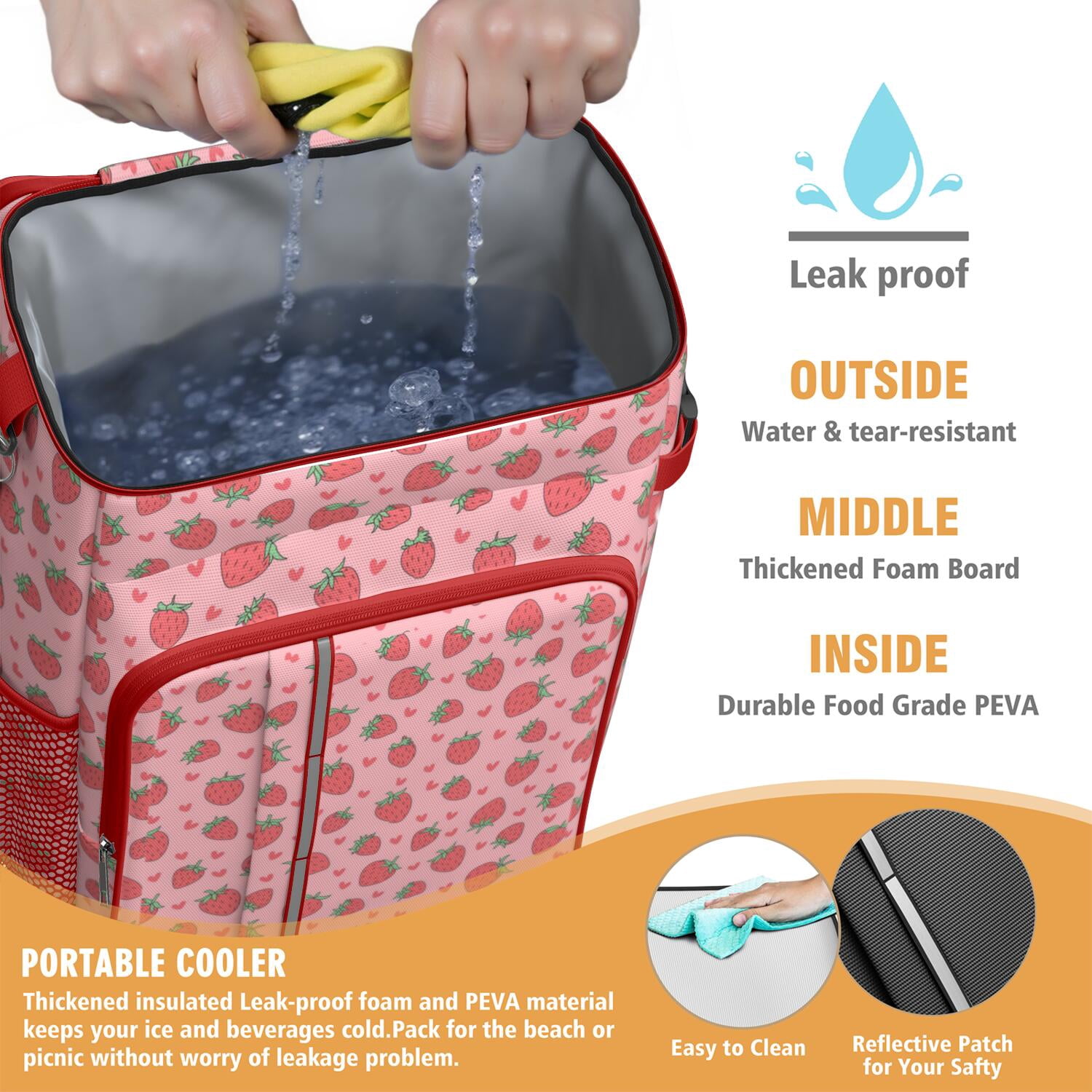 Travel Cooler Bag - Pink Strawberry Plants Fruit Camping Beer Cooler Backpack with Bottle Opener- Waterproof Insulated Picnic Backpacks - Cooler Bag for Beach