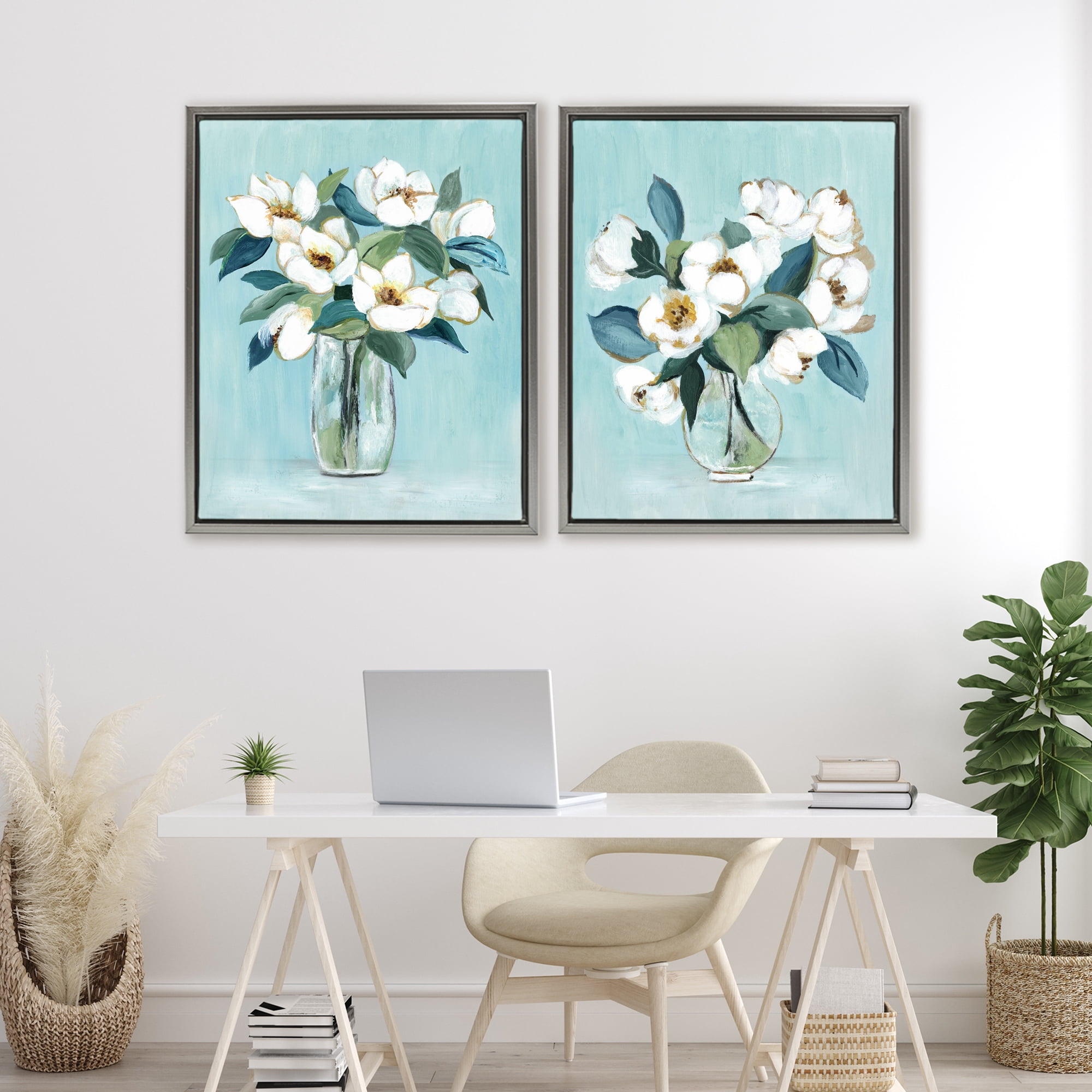 Stupell Industries Magnolia Blossom Vases 2 Piece Gray Framed Floater Canvas Set, design by Janet Tava