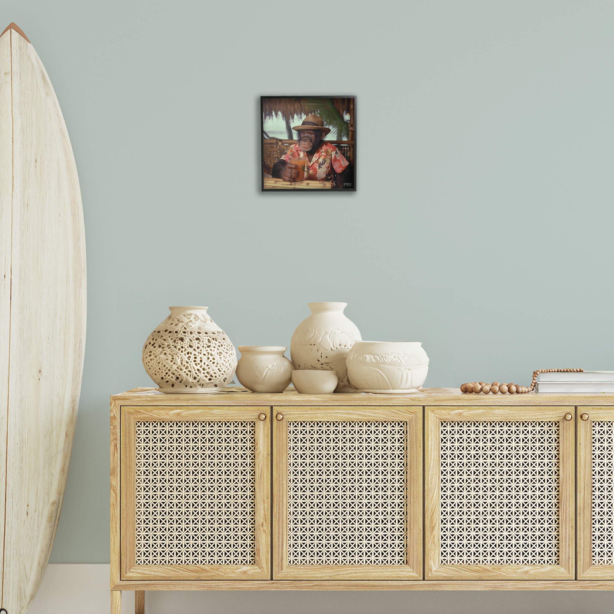 Stupell Industries Tropical Vacation Monkey Novelty Painting Black Framed Art Print Wall Art, 12 x 12