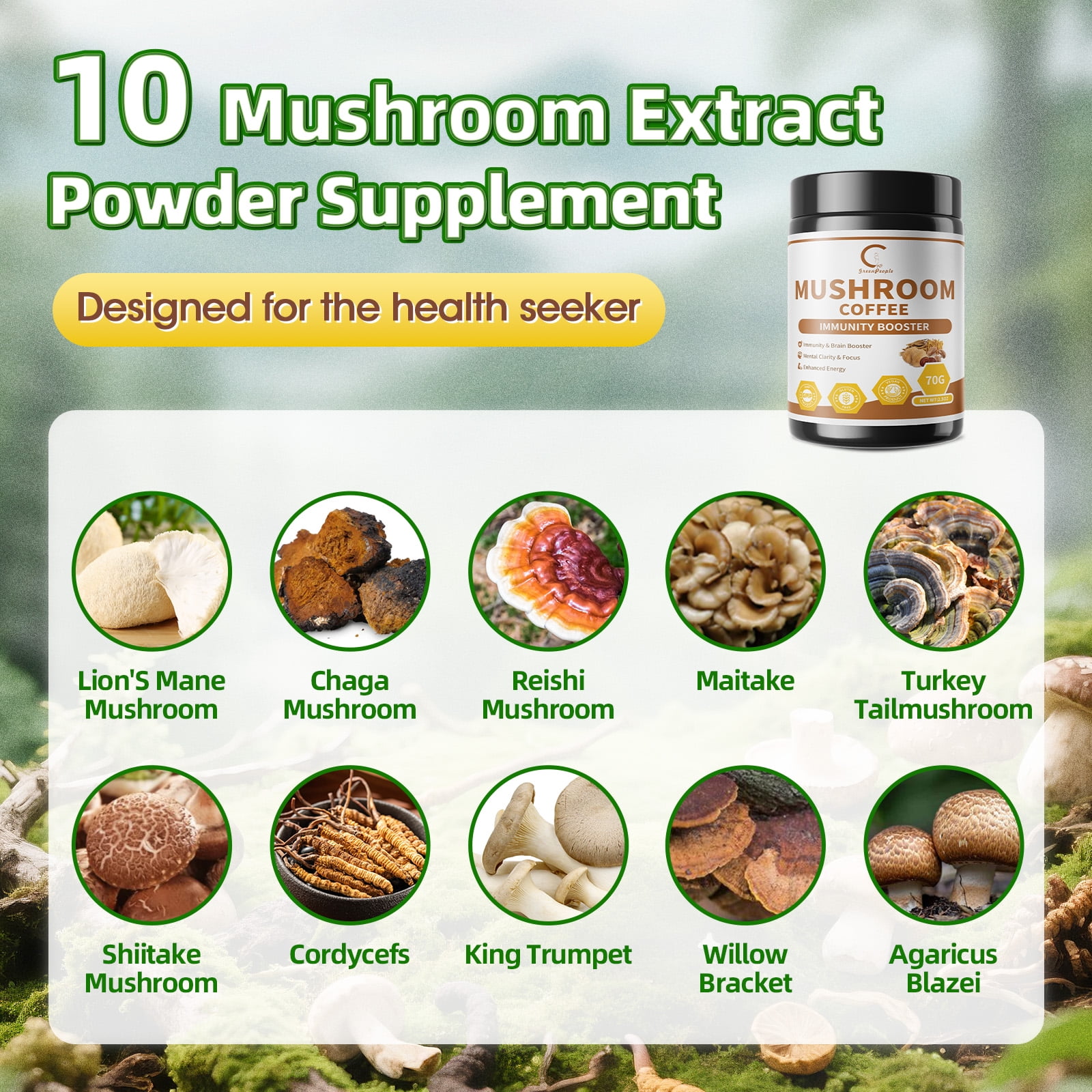Mushroom Coffee Powder, Organic Instant Coffee, Mushroom Blend Complex Supplement for Focus & Memory,Brain, 2.5Oz(70g)