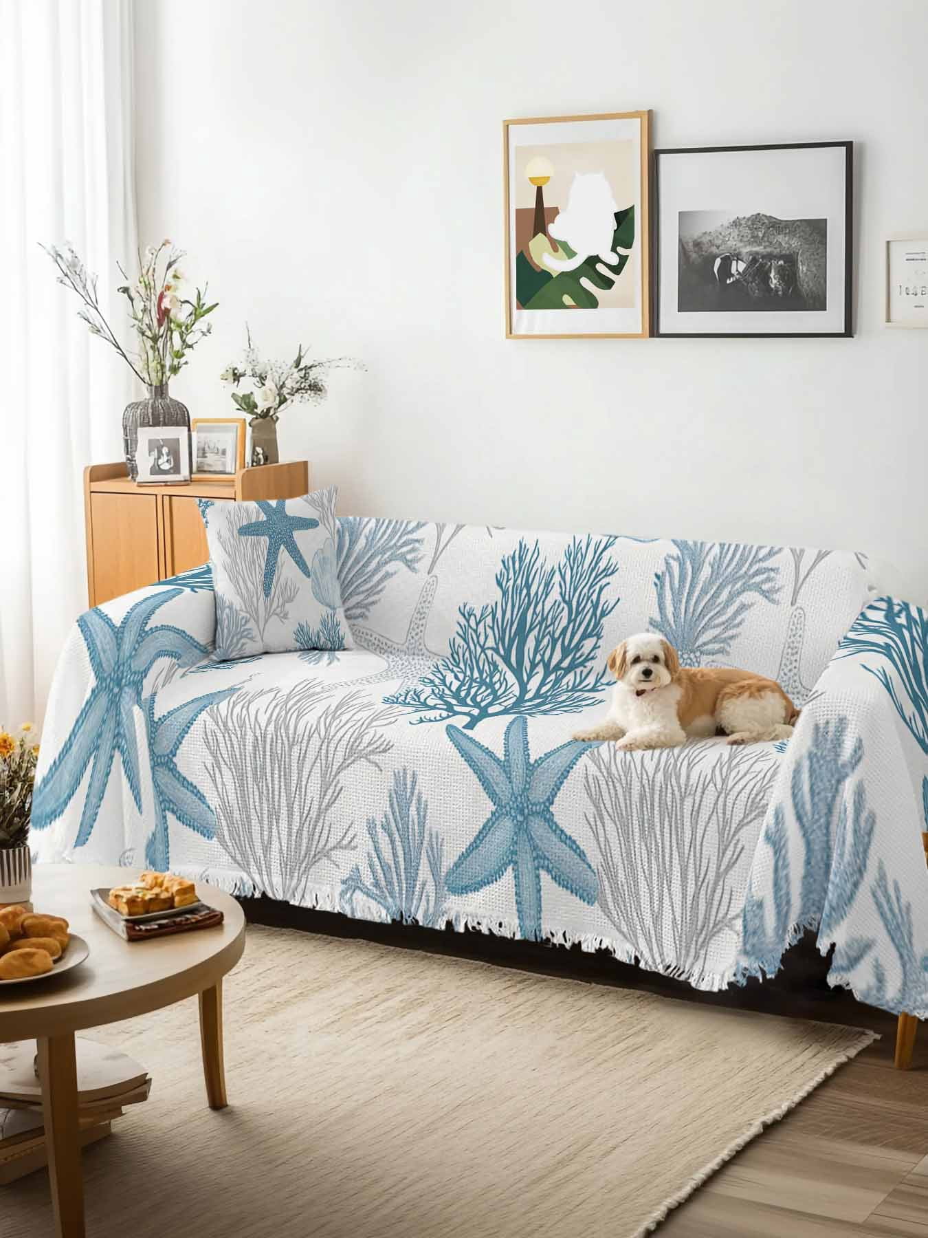 Starfish Coral Couch Cover, Coastal Ocean Seagrass Nautical Nature Sofa Cover Blanket for 3 Cushion Couch, Sectional Sofa Slipcover Furniture Protector for Living Room Bedroom 71''x134''