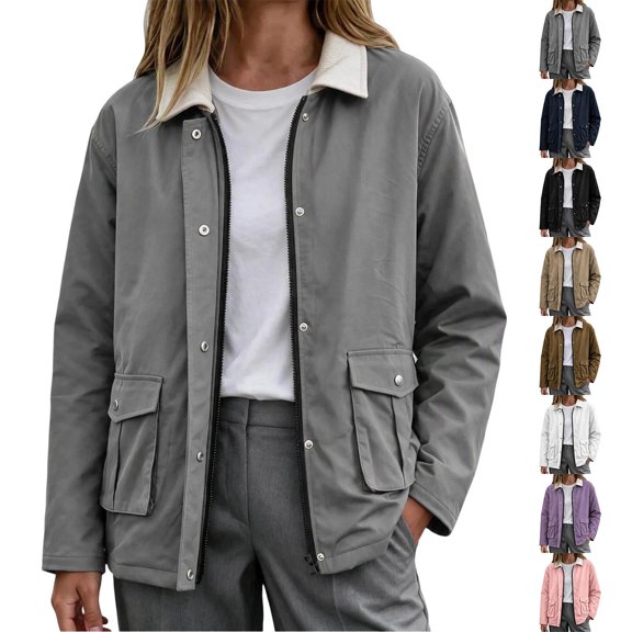 Tqcoqu Women's Casual Cargo Jacket, Lapel Collar Zip and Snap Button Long Sleeve Outerwear with Flap Pockets,Women's,Size S-XXXL
