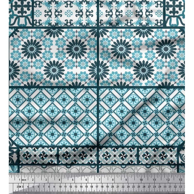 Soimoi Crepe Silk Fabric Geometric,Damask & Mandala Patchwork Print Fabric by Yard 42 Inch Wide