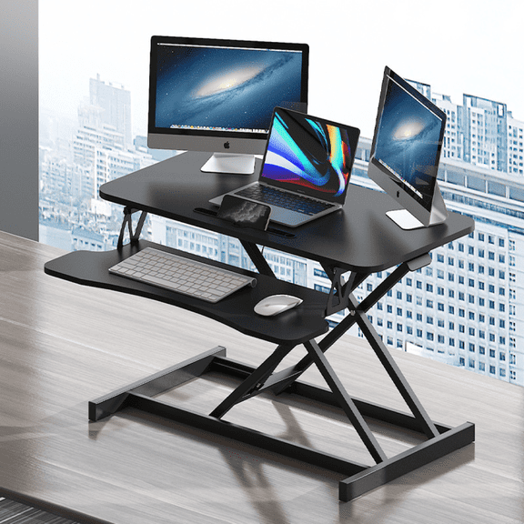 32 Inch Height Adjustable Sit to Stand Desk Converter Dual Monitor Laptop Workstation with Wide Keyboard Tray Black