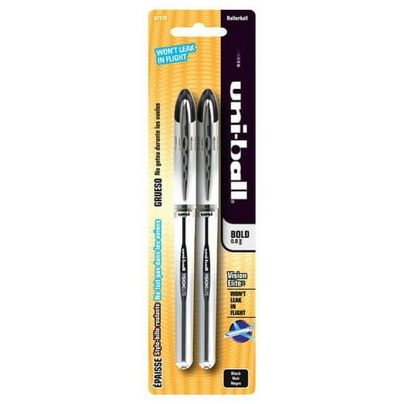 uni-ball Vision Elite Rollerball Pens, Bold Point (0.8mm), Black, 2 Pack