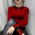thumbnail image 2 of Fashion O-neck Elastic Female Pullover Sweater Lantern Sleeve Buttons Women Jumpers Knit Tops Winter Clothes Women Pull Femme, 2 of 6