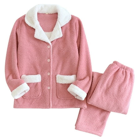 

Women s Solid Color Coral Velvet Pajamas Plus Velvet Thickening Winter Warm Long Sleeved Trousers Set Home Clothes