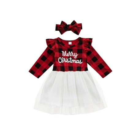 

IZhansean Christmas Dresses for Toddler Baby Girls Plaids Printed Long Sleeve Tutu Tulle Skirt Dress with Headband Set Red White 3-4 Years