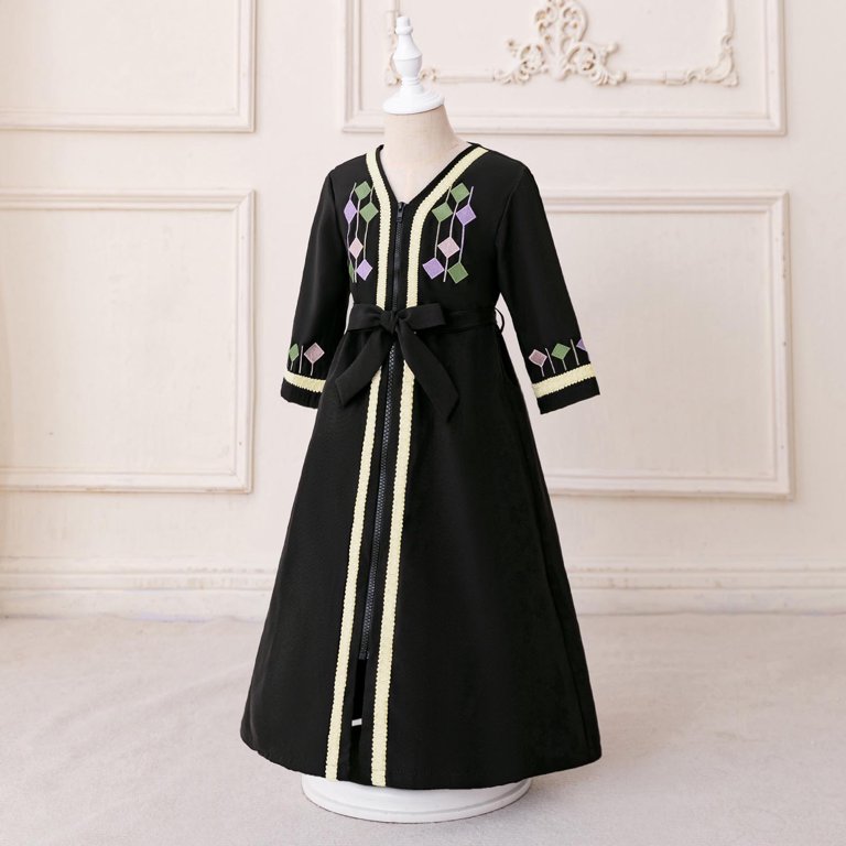 vokkrv Muslim Maxi Dress for Girls Kids Long Sleeve Zip Up Long Robe with Belts Vintage Classic V Neck Abaya Flowy Casual Modest Embroidered Dresses