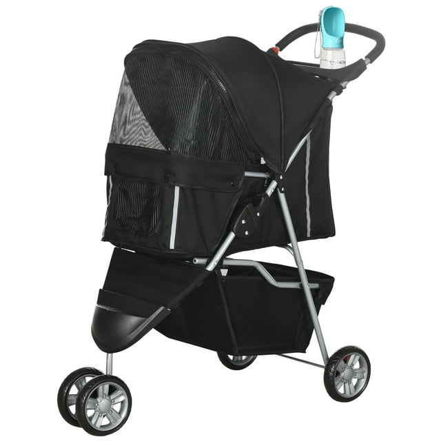 PawHut Deluxe 3 Wheels Pet Stroller with Brake, Canopy, Cupholders (Black)