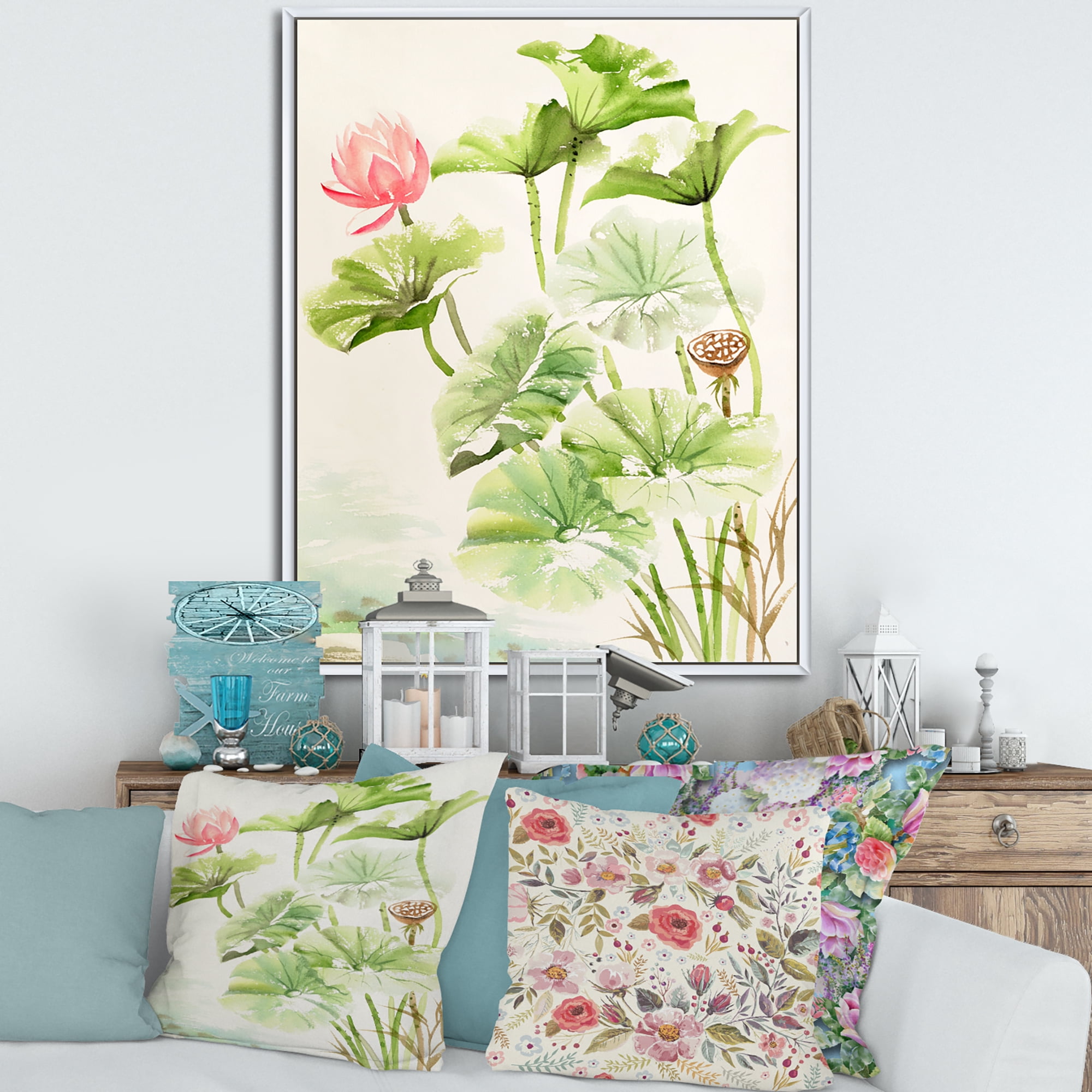 Designart 'Ancient Pink Lotuses In The Pond IV' Traditional Framed Canvas Wall Art Print