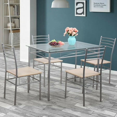 Restaurant Furniture Tables Lowestbest 5 Piece Dining Table Set, Kitchen Dining Furniture for Dining Room, Kitchen, Restaurant, Dining Room Sets Glass Metal Table with 4 Chairs - Silver ()