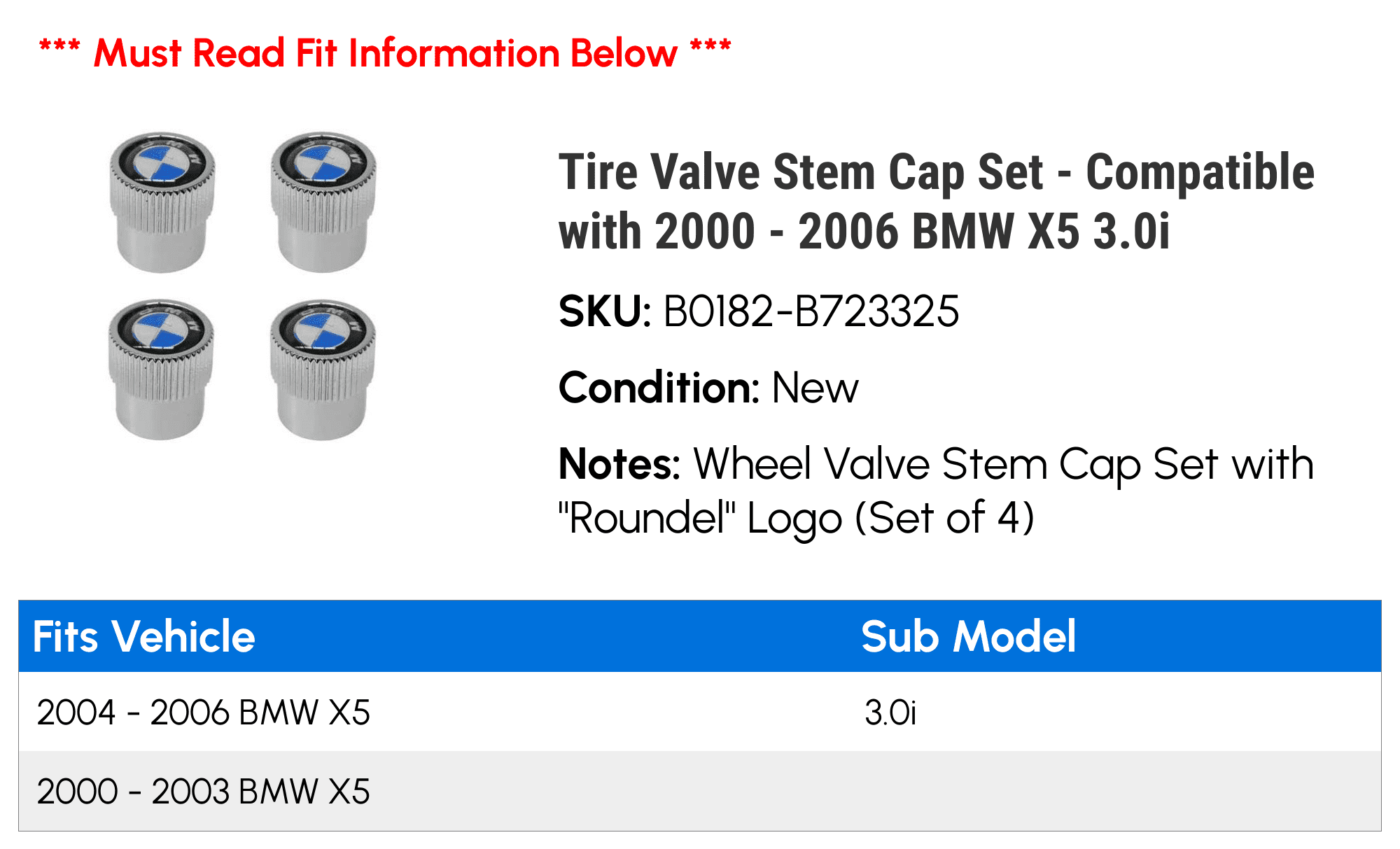 Tire Valve Stem Cap Set - Compatible with 2000 - 2006 BMW X5 3.0i 2001 2002 2003 2004 2005
