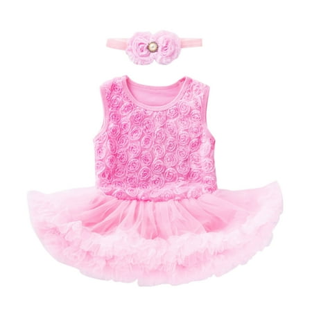 

Baby Girl Outfits Birthday Tutu Dress Rose Romper Bodysuits Lace Skirt Sleeveless Jumpsuits Headband Princess Sets for Girls Size 6-12 Months