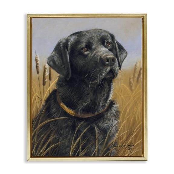 Stupell Industries Black Lab in Nature Animals Painting Gold Floater Framed Canvas Art Print Wall Art, 25 x 31