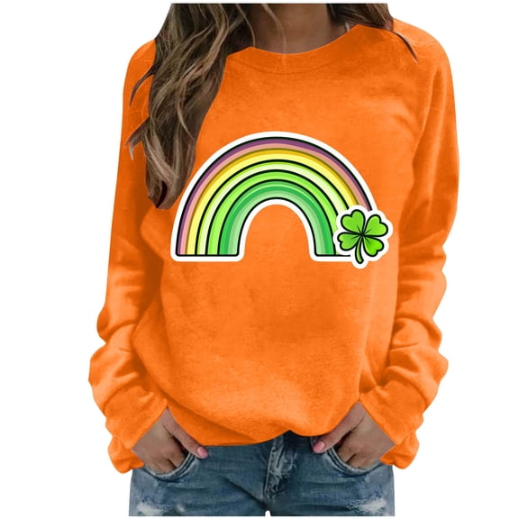 Funny St Patricks Day Shirt Women Four Leaf Clover Rainbow Graphic Sweatshirt Crewneck Long Sleeve Pullover Tops St Patrick Day Shirts Women