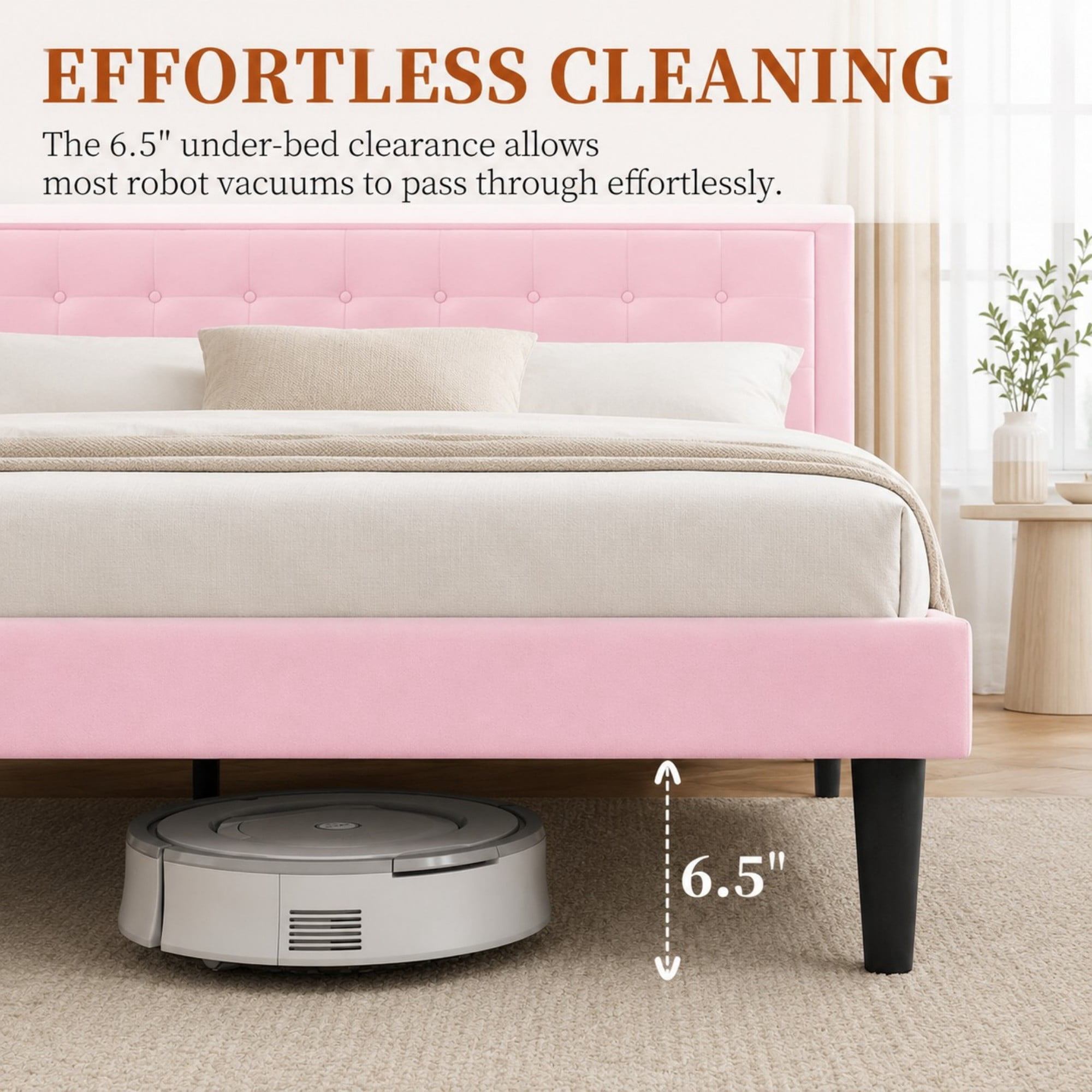 DEALTOPS Queen Size Velvet Platform Bed Frame, Upholstered Tufted Headboard, No Box Spring, Pink