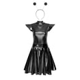 thumbnail image 3 of TiaoBug Women's Metallic Shiny Fly Sleeve Skater A-Line Pleated Club Party Dress with Alien Headwear Black S, 3 of 6