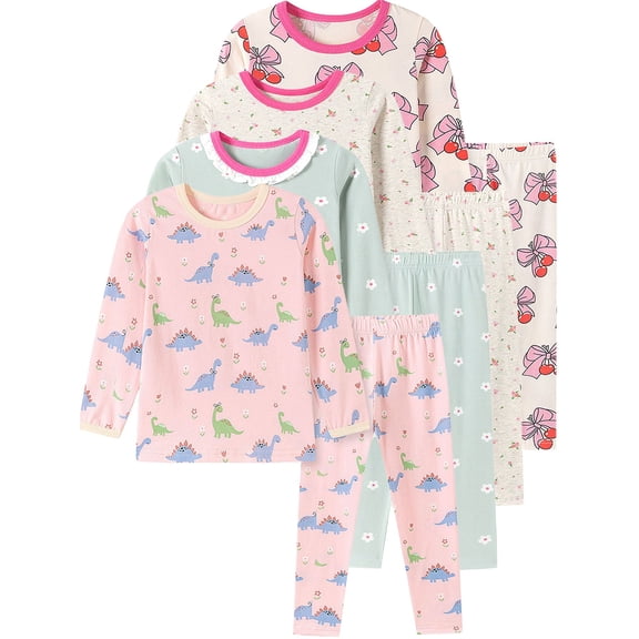 WIBACKER 2-7 Years Toddler and Little Girls' Long Sleeve Pajamas Set Cotton Top and Pants 2 Piece Sleepwear Pjs - Dinosaur