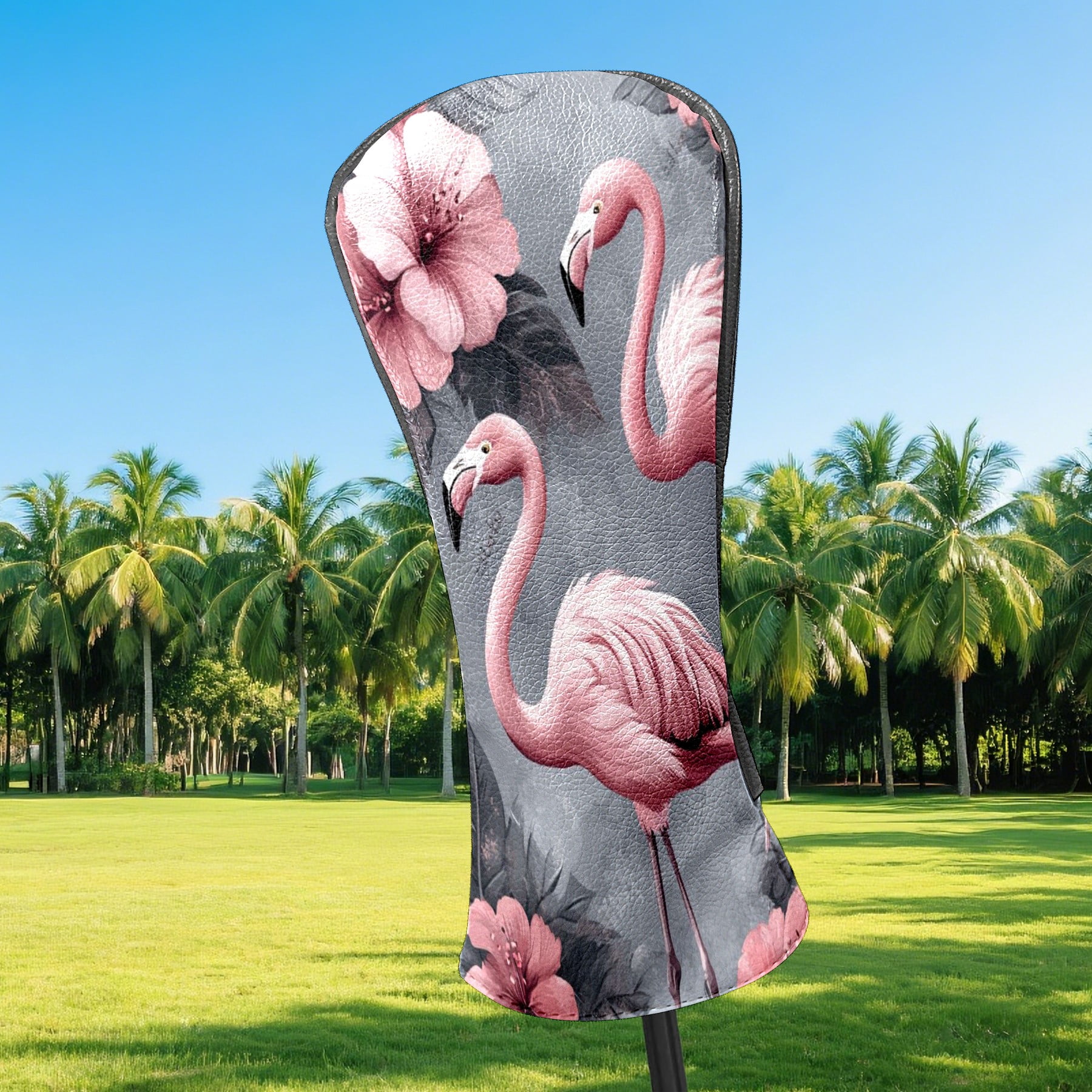Golf Head Covers Flamingo & Flowers Design for Driver, Wood & Hybrid, Premium Waterproof PU Leather with Plush Lining, Tropical Golf Gifts