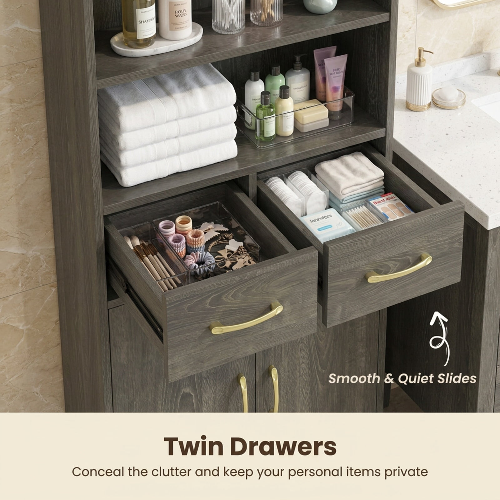 Vebreda Freestanding Bathroom Storage Cabinet, Bathroom Storage Cabinet Freestanding Floor Cabinet with 2 Drawers, Complement Various Rooms